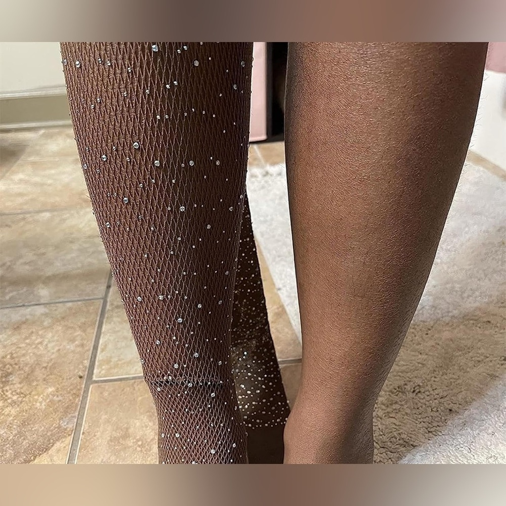 Rhinestone Coffee Fishnet Tights - Picture 2 of 6